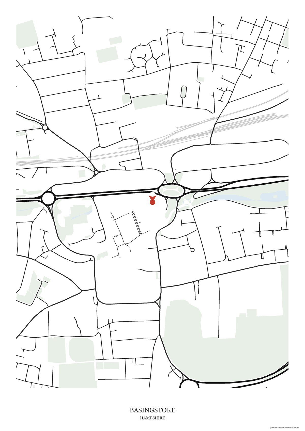 Street map print of Basingstoke, Hampshire, showing Basingstoke Canal and the surrounding streets