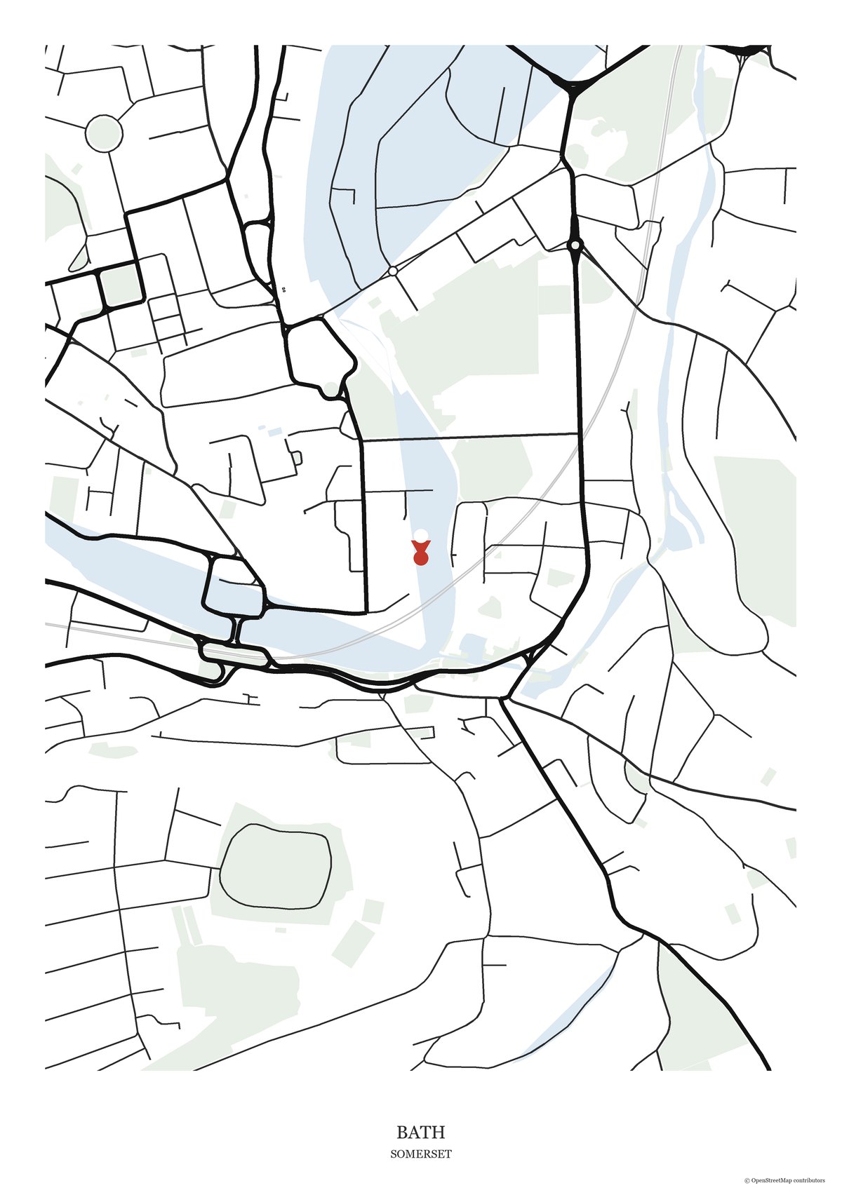 Street map print of Bath, Somerset, showing Roman Baths and the surrounding streets