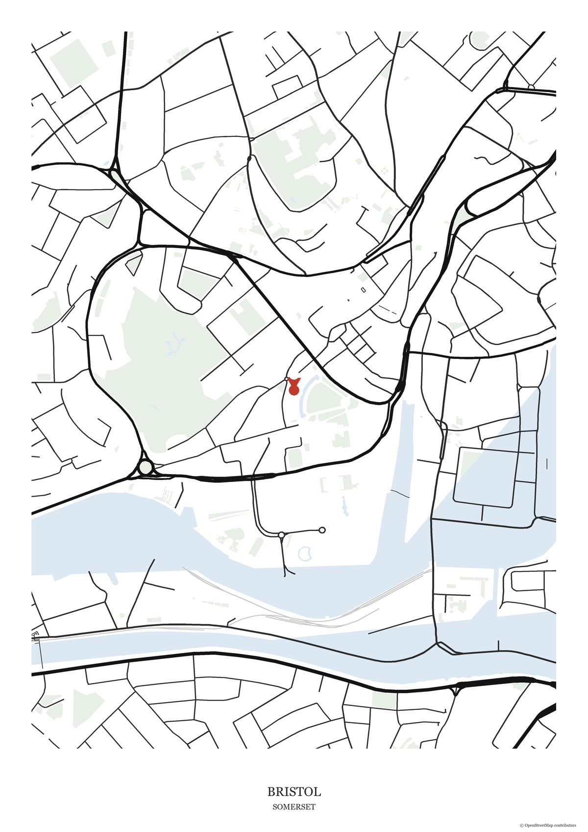 Street map print of Bristol, Somerset, showing Clifton Suspension Bridge and the surrounding streets