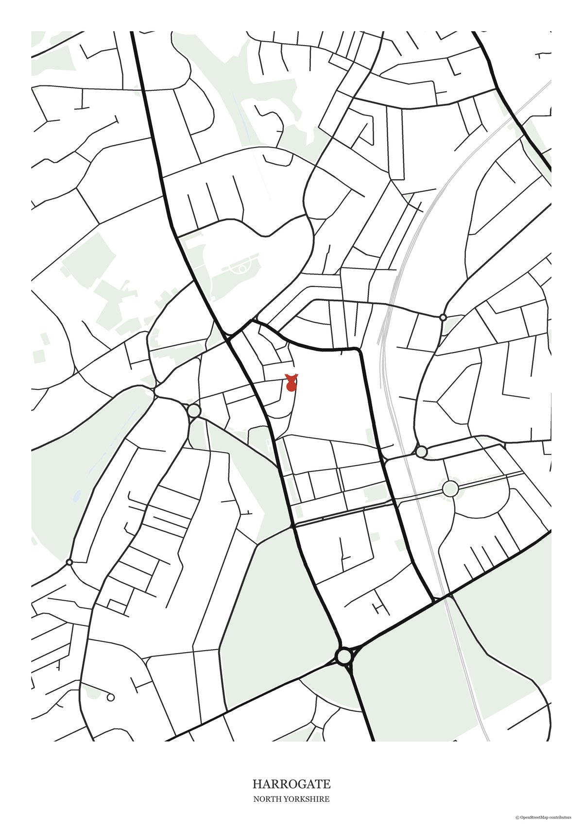 Street map print of Harrogate, North Yorkshire, showing Harrogate Stray and the surrounding streets