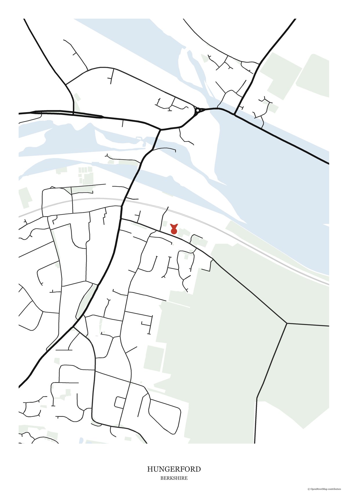 Street map print of Hungerford, Berkshire, showing Hungerford High Street and the surrounding streets
