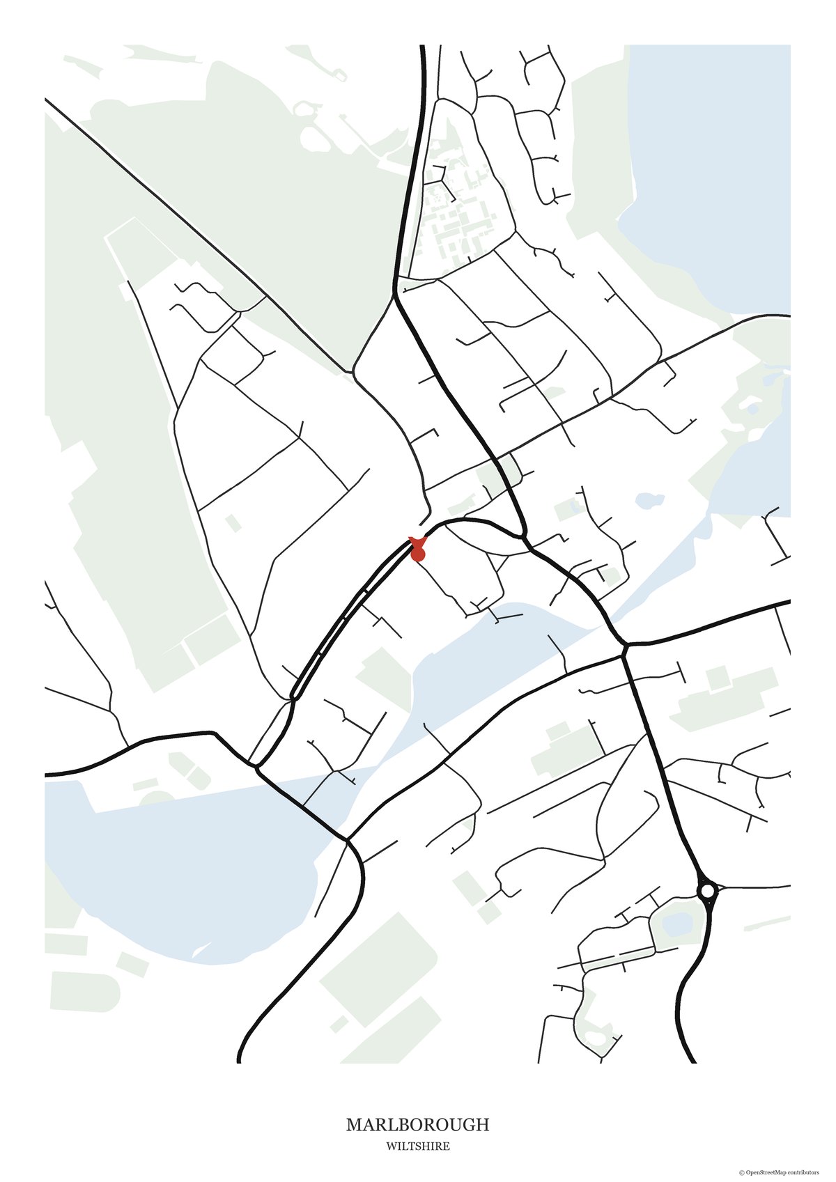 Street map print of Marlborough, Wiltshire, showing Marlborough High Street and the surrounding streets