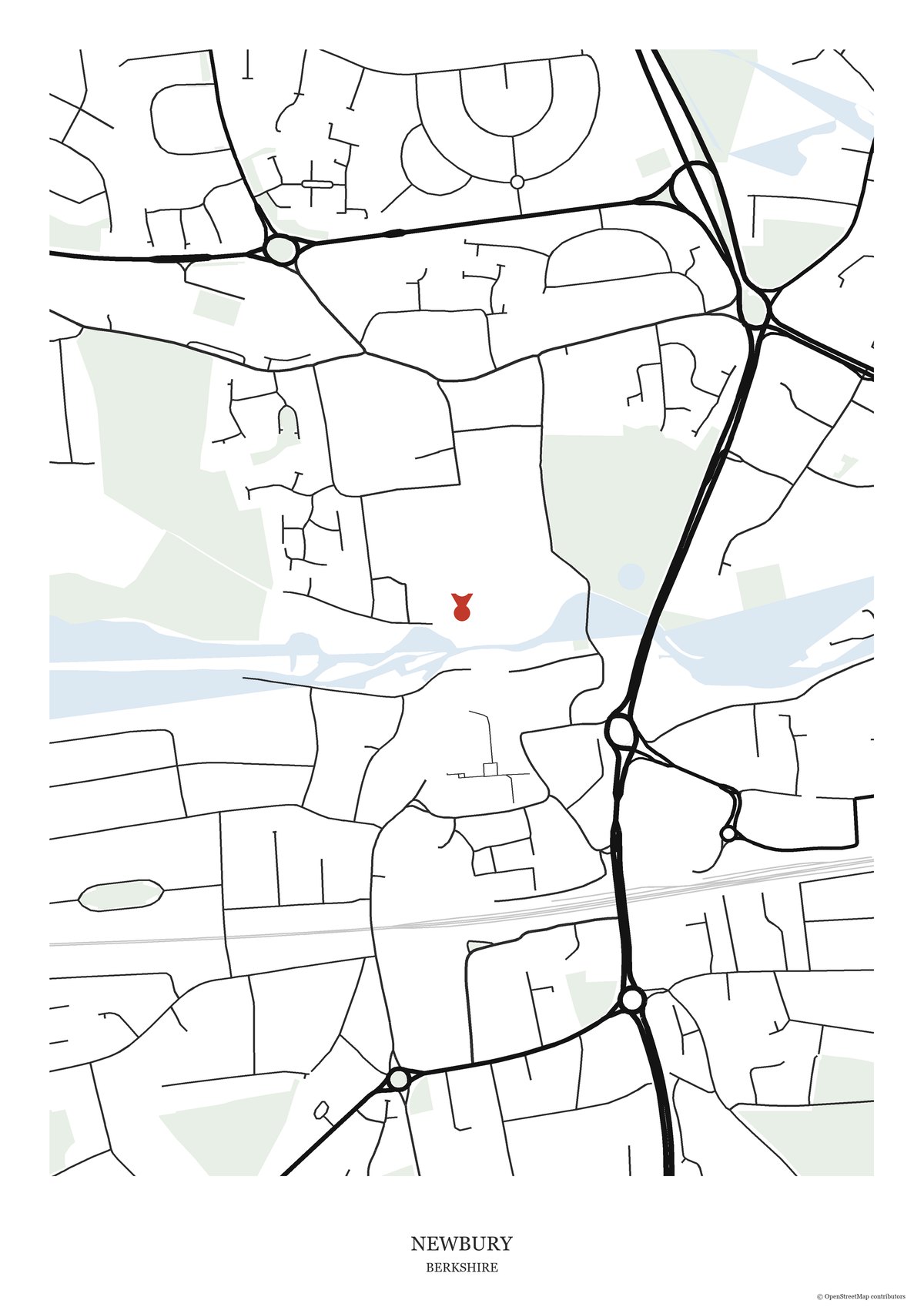 Street map print of Newbury, Berkshire, showing Newbury Racecourse and the surrounding streets