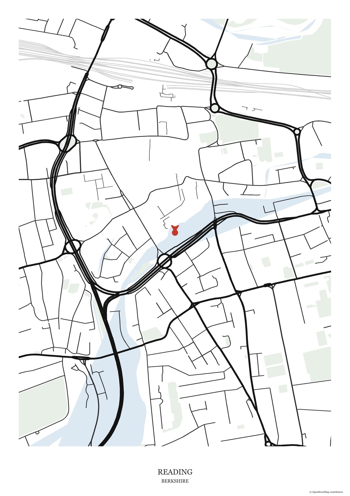 Street map print of Reading, Berkshire, showing Reading Abbey Ruins and the surrounding streets