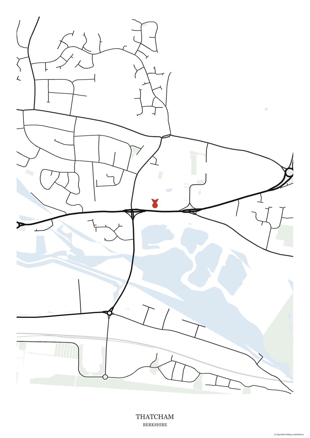 Street map print of Thatcham, Berkshire, showing Thatcham Broadway and the surrounding streets