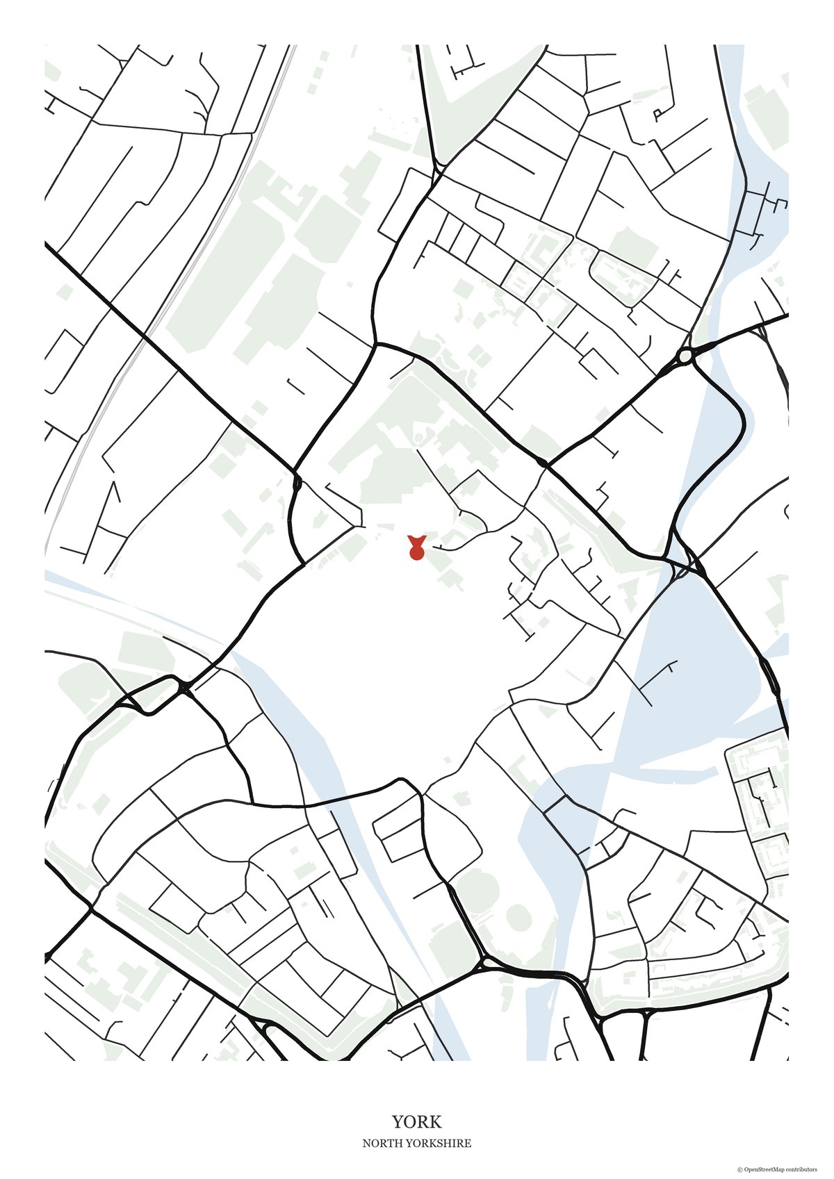 Street map print of York, North Yorkshire, showing York Minster and the surrounding streets